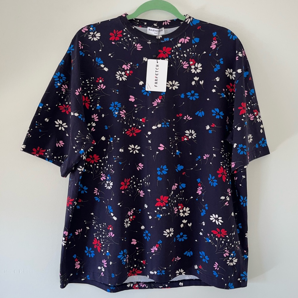 Authentic Balenciaga Navy Floral Printed Cotton Oversized short sleeve T-Shirt